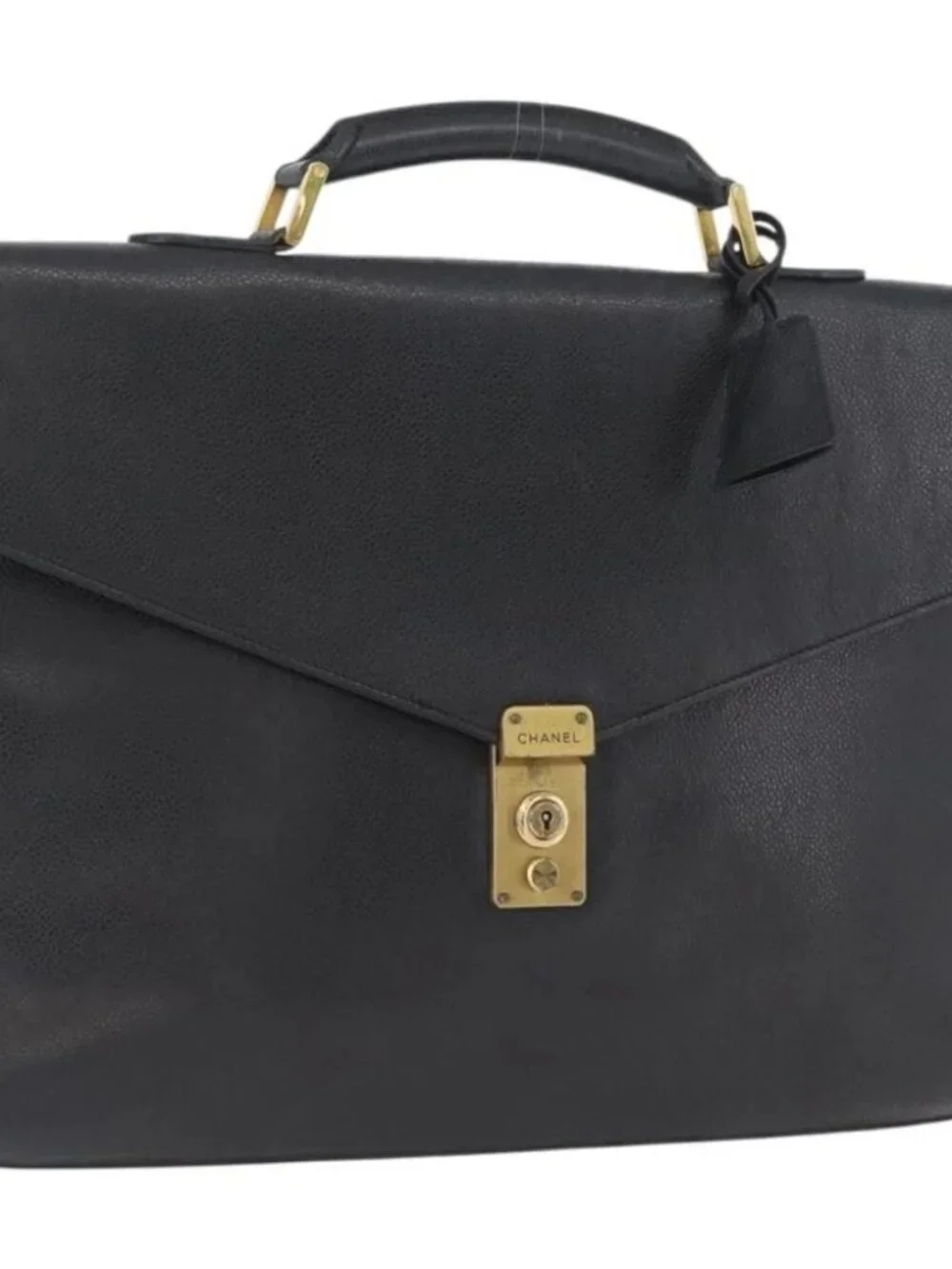 CHANEL Business Bag Grained Calf Skin Black Gold CC Auth ka2603